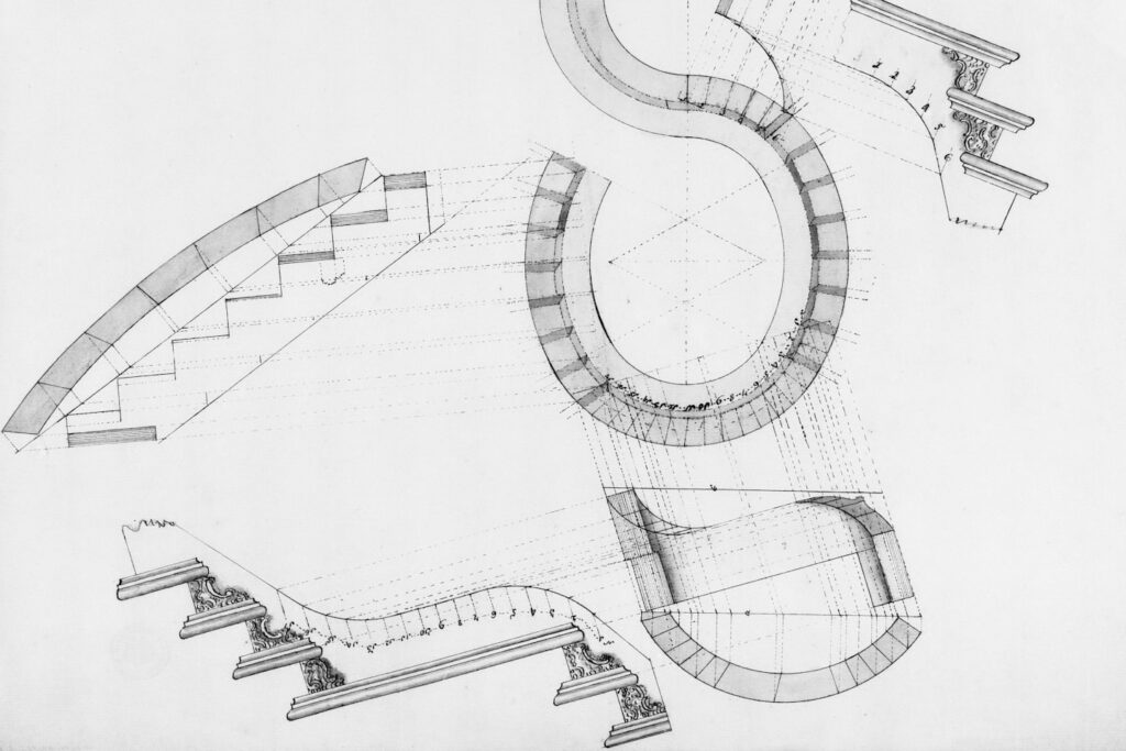 Titel: Ornamentale grillige trap. Beschrijving: bovenaanzicht van een trap die de vorm van een haak beschrijft/detail van een geornamenteerde trede met bordes/doorsnede over het bordes/detail constructie