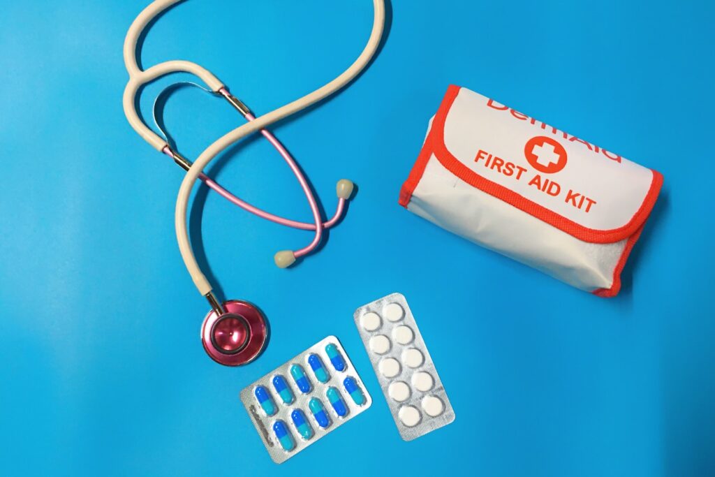 Pink Stethoscope, First Aid kit and medications
The stethoscope is an acoustic medical device for auscultation, or listening to internal sounds of an animal or human body. It typically has a small disc-shaped resonator that is placed against the skin, and one or two tubes connected to two earpieces.
